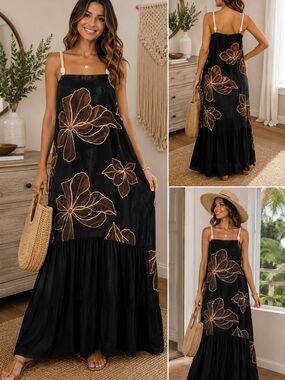 NWT Original Black Embroidered Floral Boho Maxi Dress Cover Up L/XL